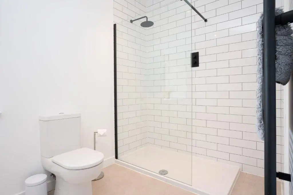 a white bathroom with a shower and a toilet at Pityoulish Steading - Seasgair Lodges in Aviemore