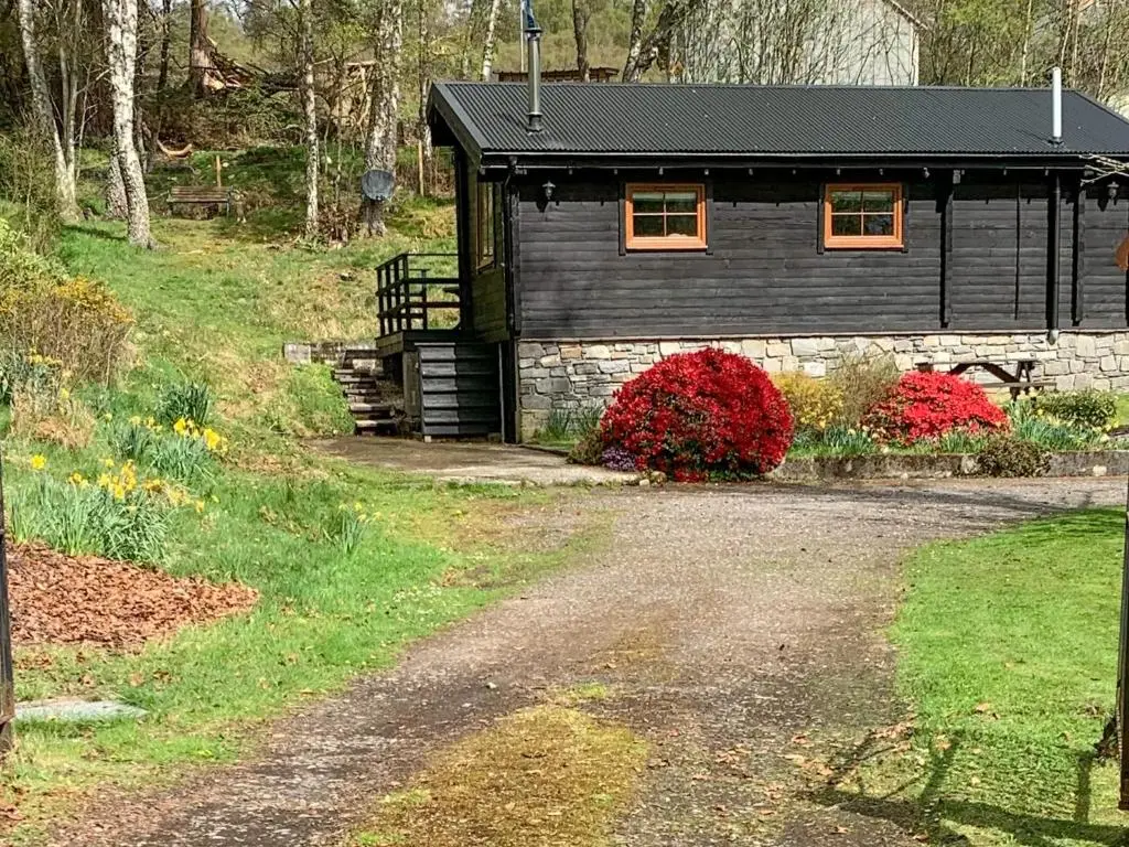 a black cabin with red flowers in front of it at Squirrel View in Newtonmore
