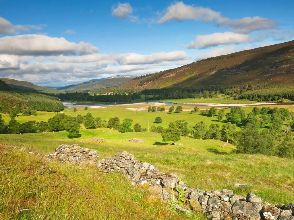 a green field with a stone wall on a hill at Glentairre Cottage - Swww in Balnaboth