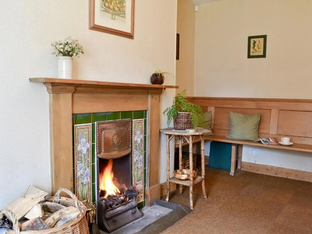 a fireplace in a living room with a fire at Sunnyside in Kirkmichael