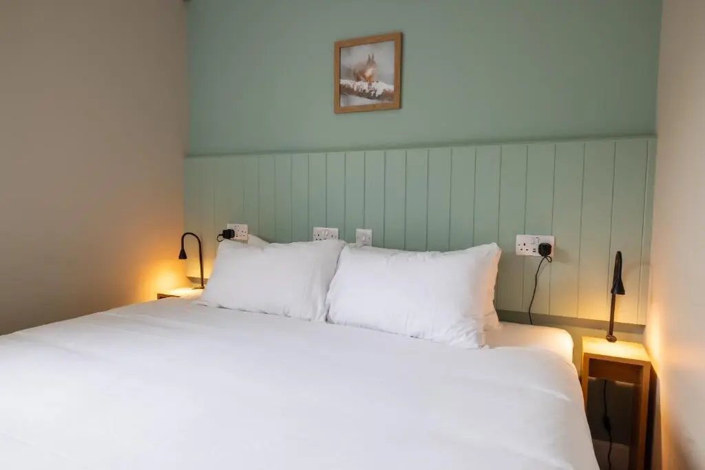 a bedroom with a white bed with two pillows at An Spiris Accommodation at Dundreggan Rewilding Centre in Dundreggan