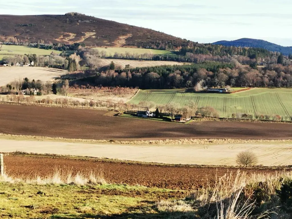an aerial view of a field with a hill in the background at Private peacefull pet friendly converted country cottage in Keig