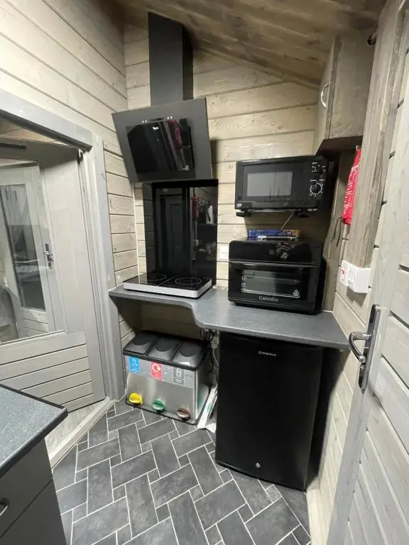 a small kitchen with a stove and a microwave at Daisy Cabin in Kincardine O\u02bcNeil