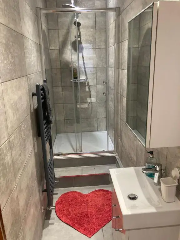 a bathroom with a shower and a red rug at 2 Bed Central Ness Apart - May Court in Inverness