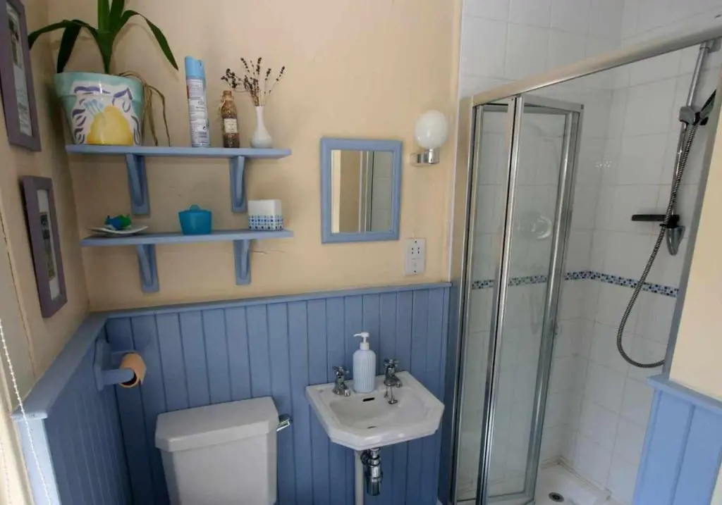 a bathroom with a shower and a toilet and a sink at Cluny Mains in Newtonmore