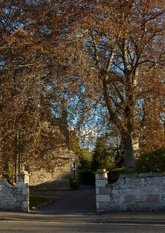 a building with a tree and a stone wall at Tali Ayer in Nairn
