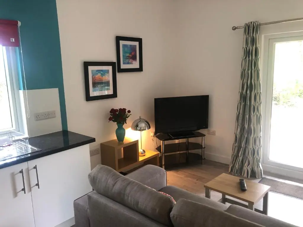 a living room with a couch and a flat screen tv at The South Cabin at Easter Arr in Nairn