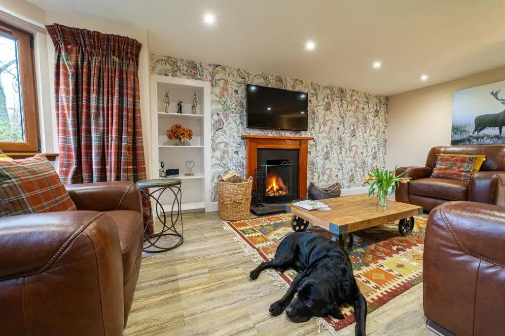 a dog laying on the floor in a living room at Gardener\u2019s Cottage with Hot Tub in Blairgowrie