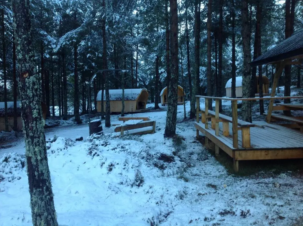 a snow covered park with a gazebo and trees at Camping Pod Heaven in Brackla