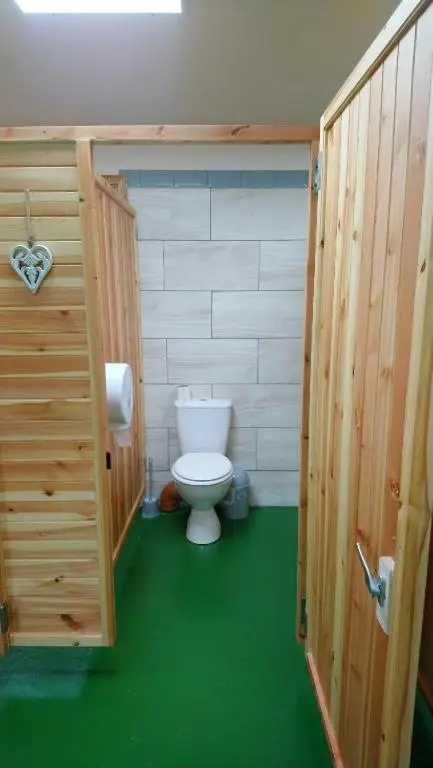 a bathroom with a toilet and a green floor at Camping Pod Heaven in Brackla