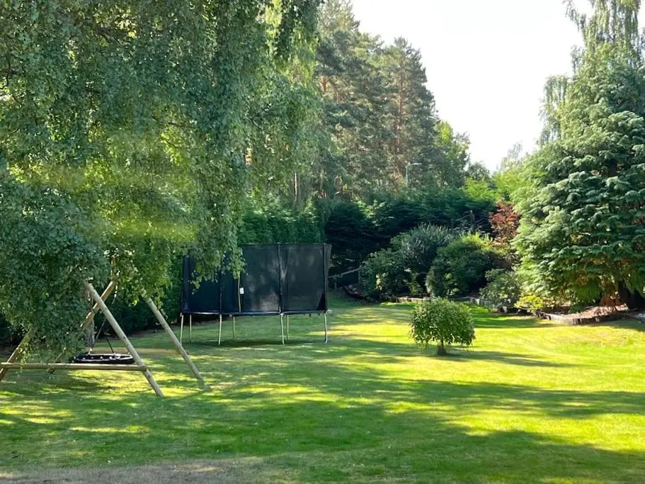a garden with a screen in the grass at Ballater Bungalow - 4 bed - Beautiful Garden in Ballater