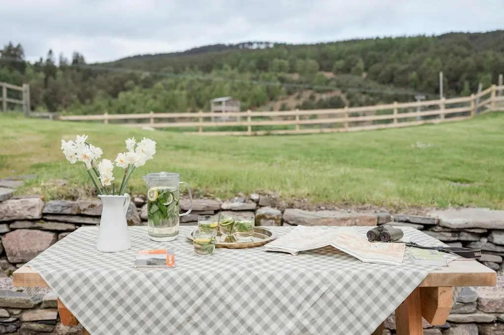 a picnic table with a table cloth and flowers on it at Beinn Cottage - Seasgair Lodges in Kincraig