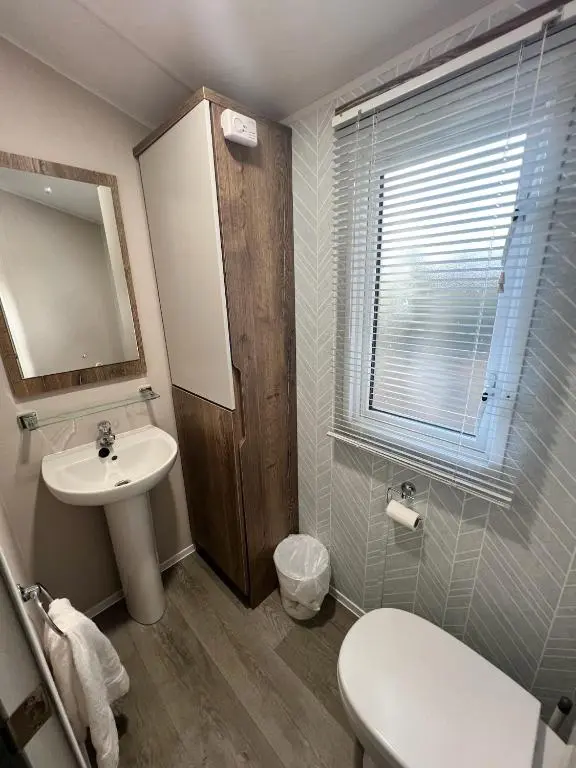 a bathroom with a sink and a toilet and a mirror at Silver Birch Lodge Aviemore in Aviemore