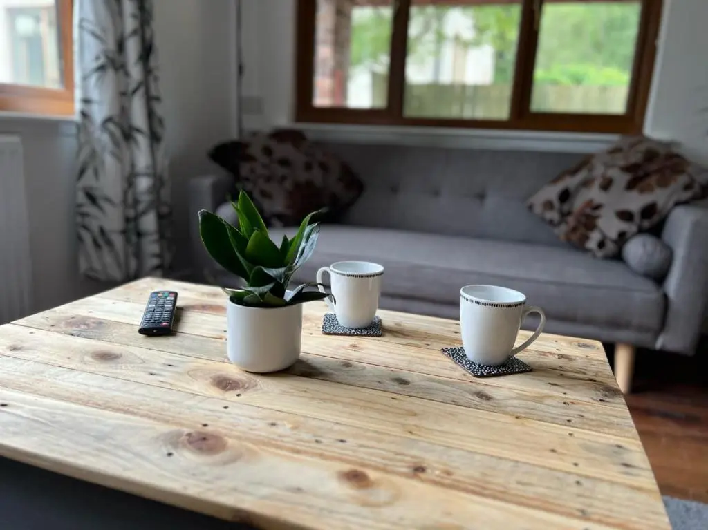 a coffee table with two cups and a plant on it at Birchwood Cottage in Tore