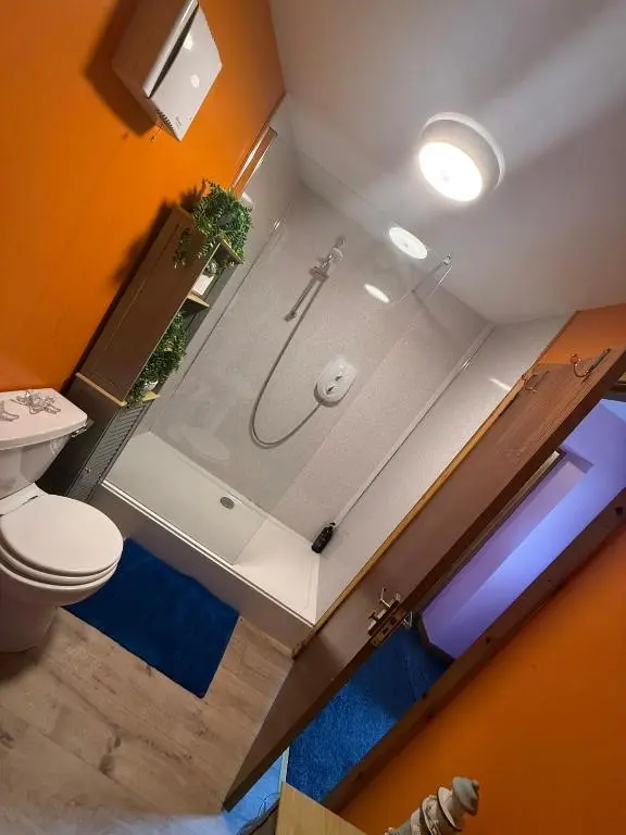 an overhead view of a bathroom with a shower at Old Dairy in Tain