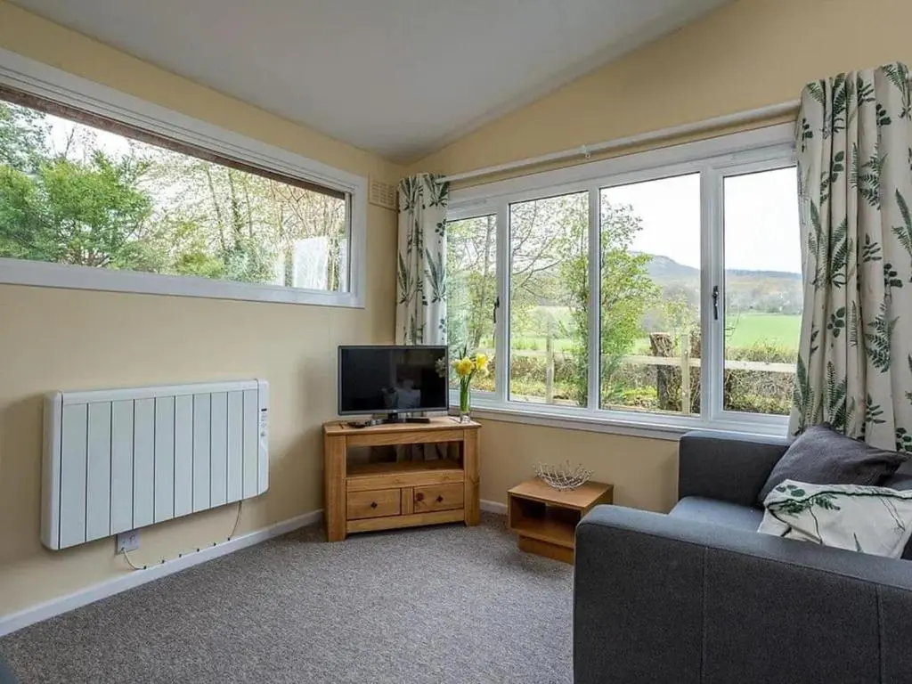 a living room with a couch and a tv and windows at Bridgend Chalet on Reelig Estate in Kirkhill