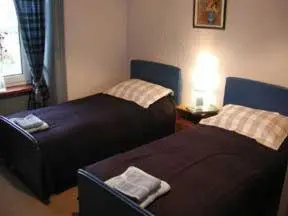 a bedroom with two beds and a table with a lamp at Dunroamin Hotel in Bonar Bridge