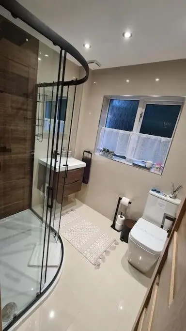 a bathroom with a shower and a toilet and a sink at Northlea-Scottish style cottage in Inverness