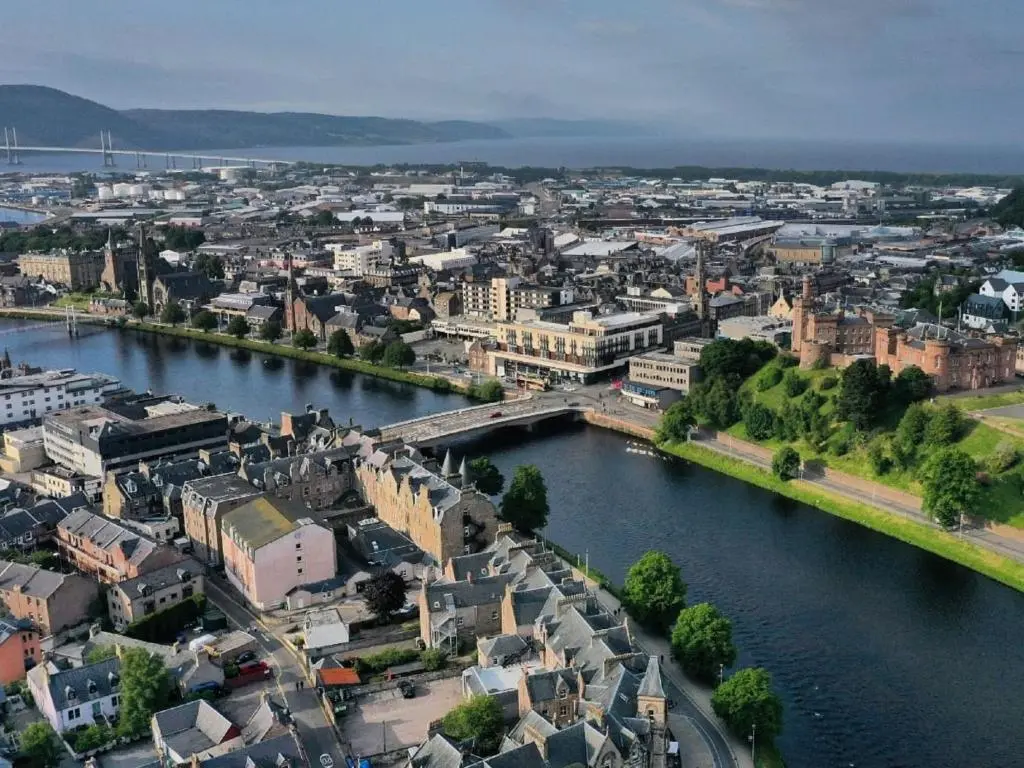 an aerial view of a city with a river at Villa Cedar House by Interhome in Inverness