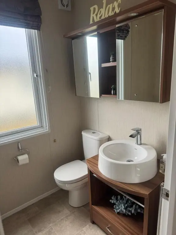 a bathroom with a toilet and a sink and a mirror at Aurora luxury beach lodge in Lossiemouth