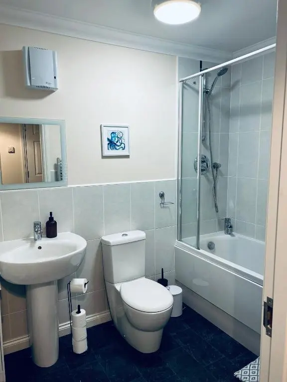 a bathroom with a toilet and a sink and a shower at Central Cosy Riverview Apartment 2 bed, 2 bath, Free Parking / WiFi in Inverness