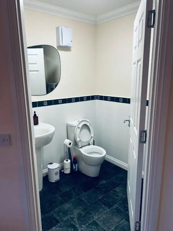 a bathroom with a toilet and a sink at Central Cosy Riverview Apartment 2 bed, 2 bath, Free Parking / WiFi in Inverness