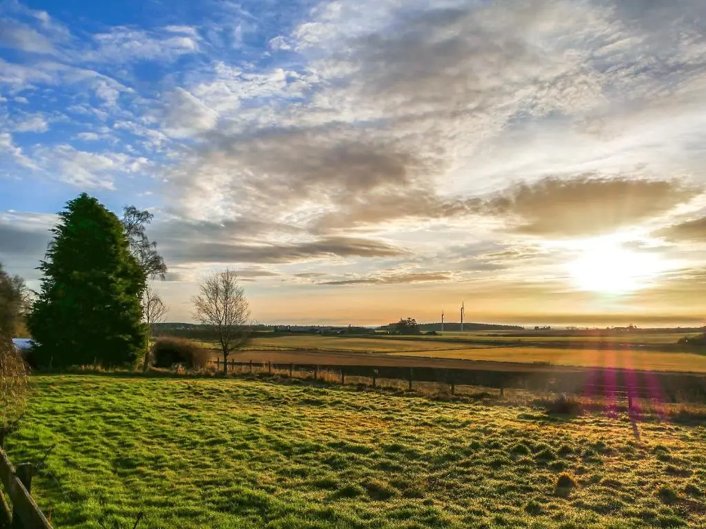 a field with a tree and the sun in the sky at Sycamore Cottage - Uk45923 in Ballater