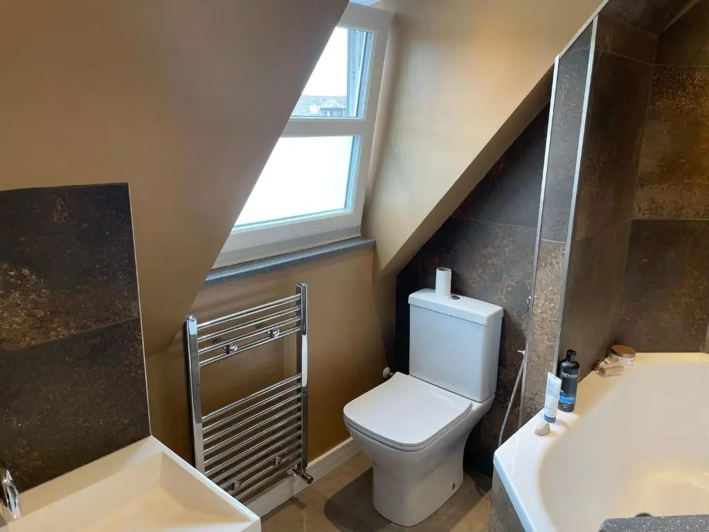 a bathroom with a toilet and a sink and a window at Braemorriston Lodge in Elgin