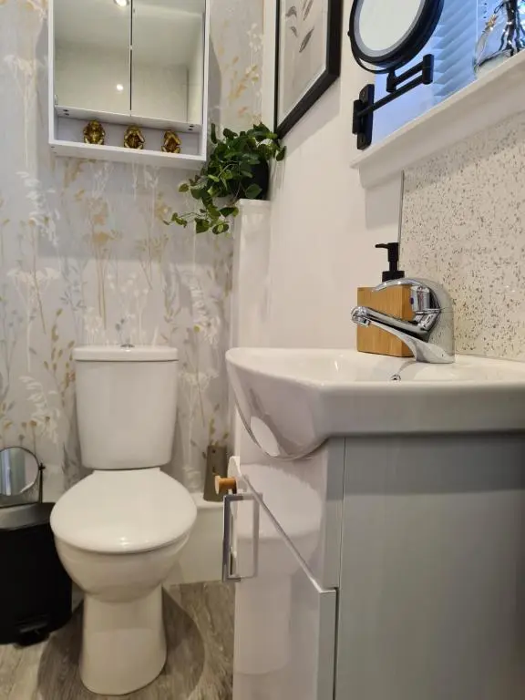a bathroom with a white toilet and a sink at Findon Nook in Culbokie
