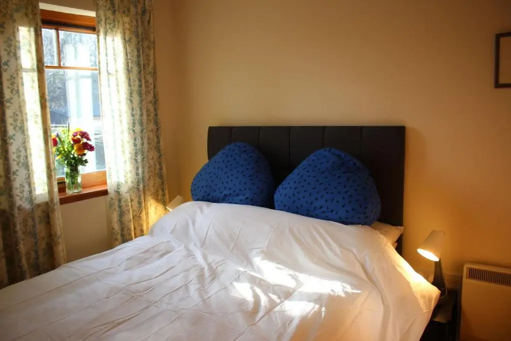 a bedroom with a bed with blue pillows and a window at Taigh Munro in Aviemore