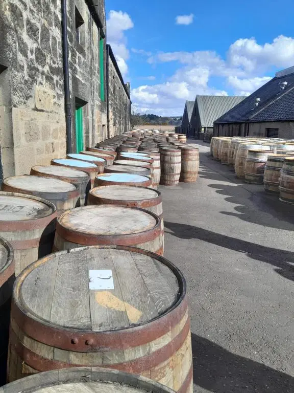 a row of wine barrels lined up against a building at The Boathouse in Longmorn