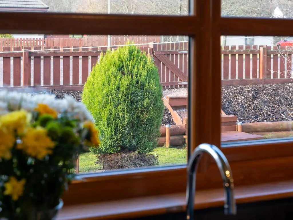 a window with a vase of flowers next to a bush at Holiday Home Braeriach by Interhome in Aviemore
