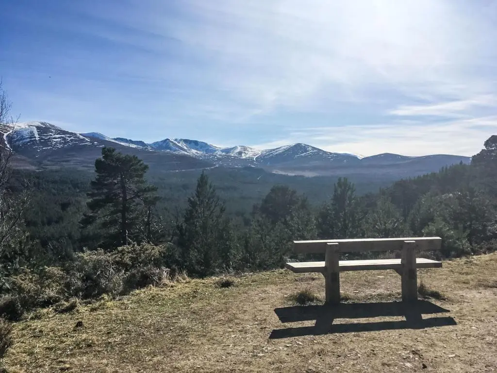 a bench sitting on top of a hill with mountains at Holiday Home 1 Railway Cottage by Interhome in Aviemore