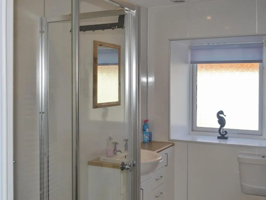 a bathroom with a shower and a sink and a mirror at Sandy Bay in Portmahomack