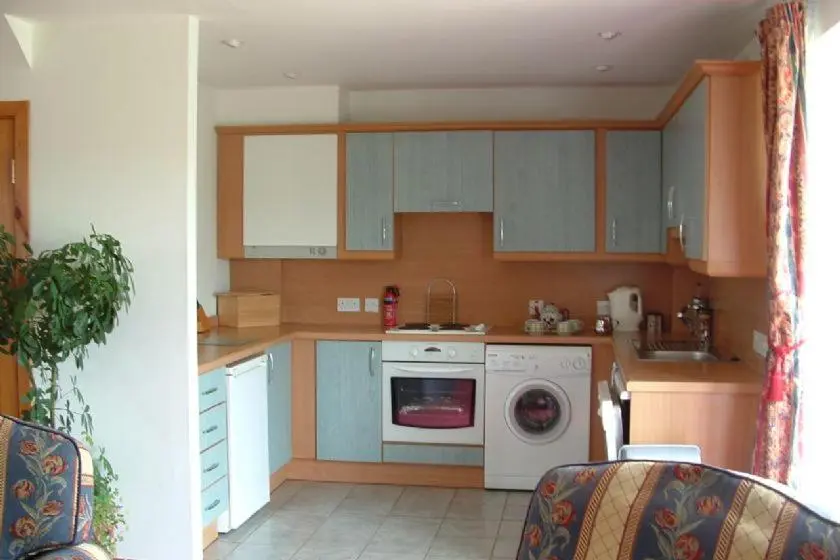 a kitchen with blue cabinets and a washing machine at Red Kite in Belmaduthy
