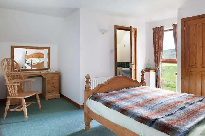 a bedroom with a bed and a chair and a mirror at Mackenzie in Belmaduthy