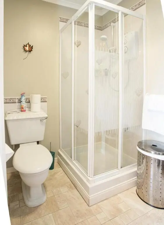 a bathroom with a shower and a white toilet at Fonthill Bed and Breakfast Nairn in Nairn