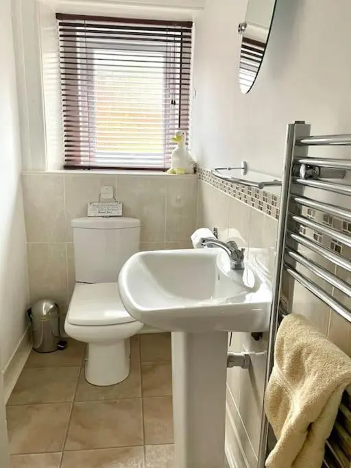 a bathroom with a white toilet and a sink at Comfortable 4 bed Home, Valhalla, Helmsdale in Helmsdale