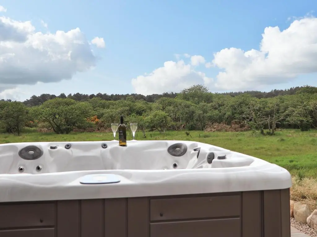 a bath tub with a bottle of wine and a field at Pine Marten in Dornoch