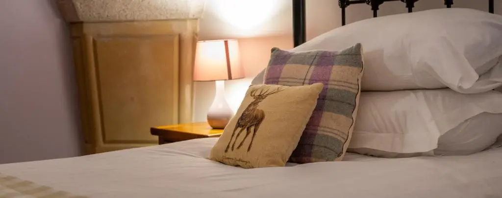 a bedroom with a bed with a pillow and a lamp at Abbey Church Upper North Aisle Luxury Self Catering 2 bedroom Apartments in Fort Augustus