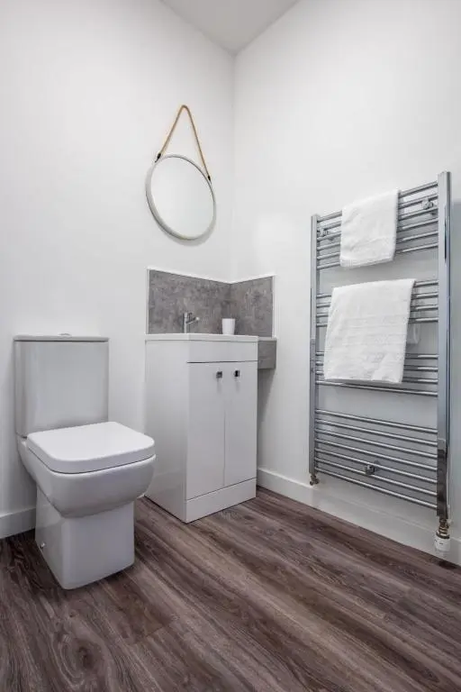 a white bathroom with a toilet and a mirror at Apartment Harbour Nights Deluxe Number 12 by Interhome in Lossiemouth