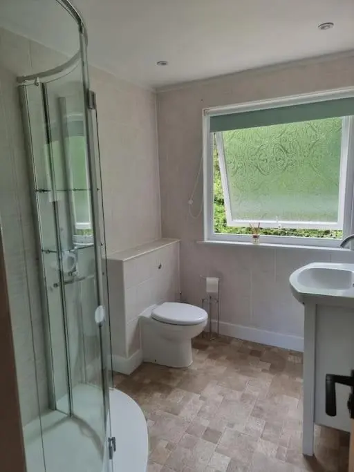 a bathroom with a shower and a toilet and a window at Rowanlea Cottage in Inverness