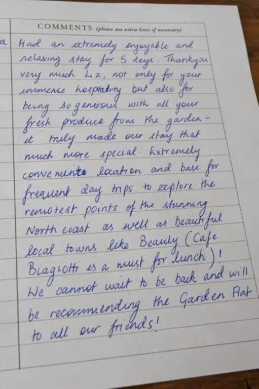 a letter from a woman complaining about her handwriting at The Bungalow - Ardullie Lodge in Dingwall