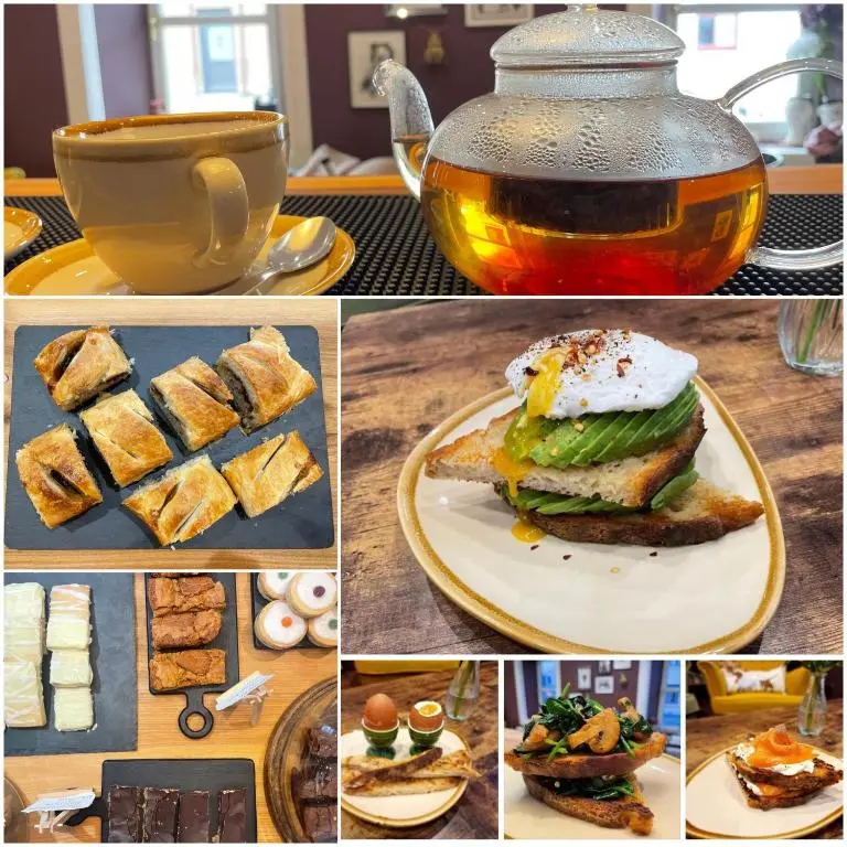 a collage of pictures of food and a cup of tea at The Salt house in Golspie