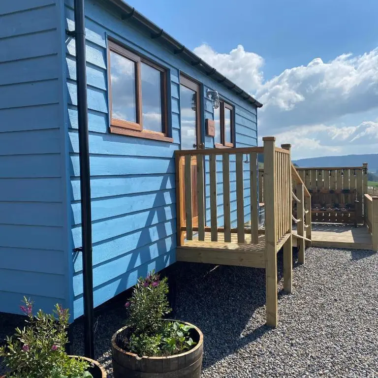 a blue tiny house with a porch and some plants at Ledmacoy Shepherds Huts in Strathdon
