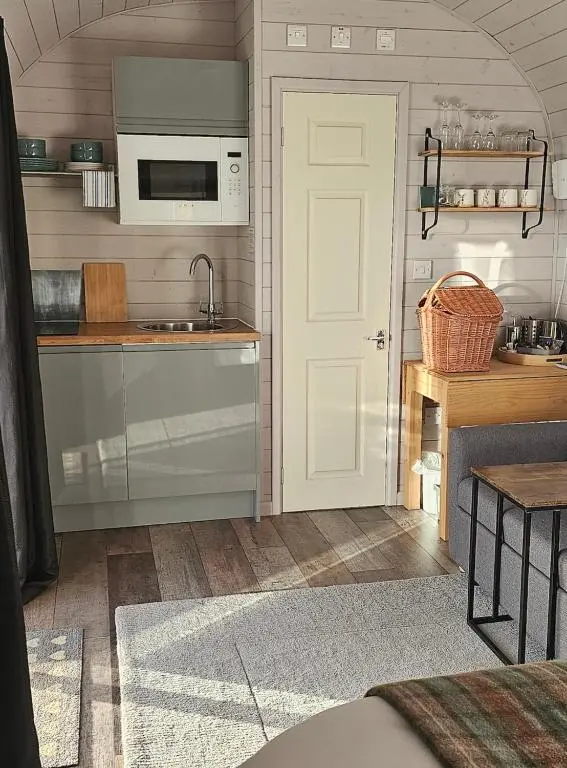 a kitchen with a sink and a microwave at Bruadarach 'Visionary, Dreamer' in Dunbeath