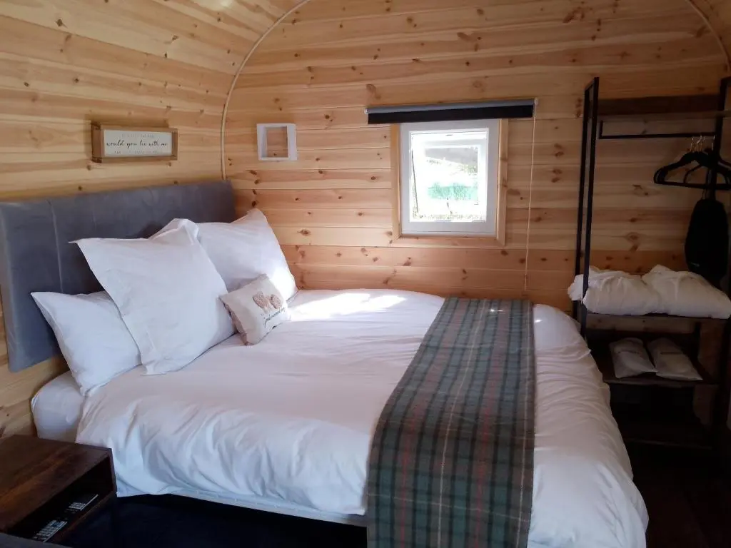 a bedroom with a bed in a wooden cabin at Bruadarach 'Visionary, Dreamer' in Dunbeath