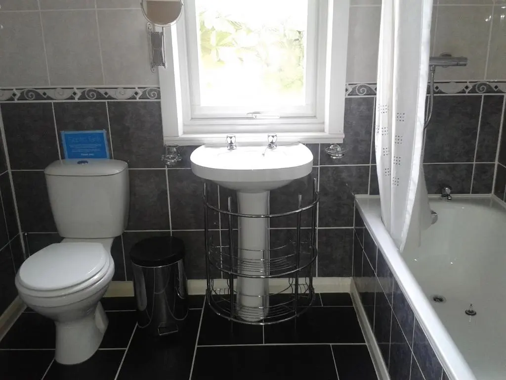 a bathroom with a toilet and a sink and a window at Ornum House in Beauly