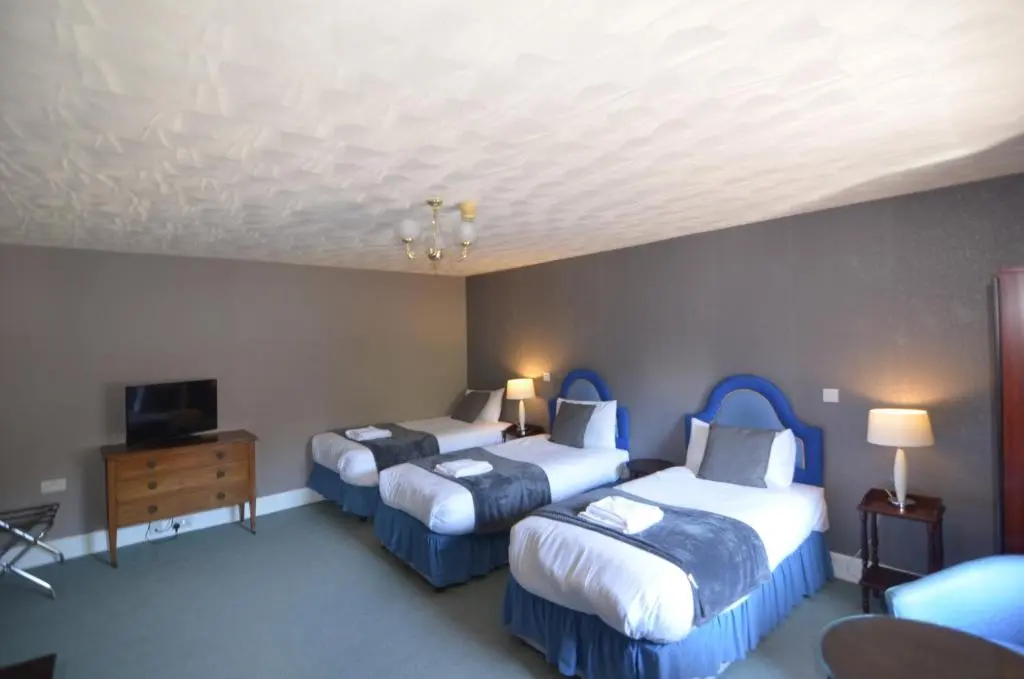 a hotel room with two beds and a television at Achilty Guest House in Contin