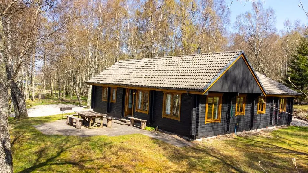 a black cabin with a picnic table in a forest at Balbeag Cottage in Insh